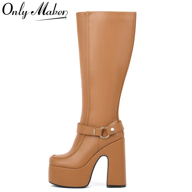 

Onlymaker Women Round Toe Platform Knee High Boots Side Zipper Fashion Chunky Block Heel Mid-Calf Boot Punk Long Boots