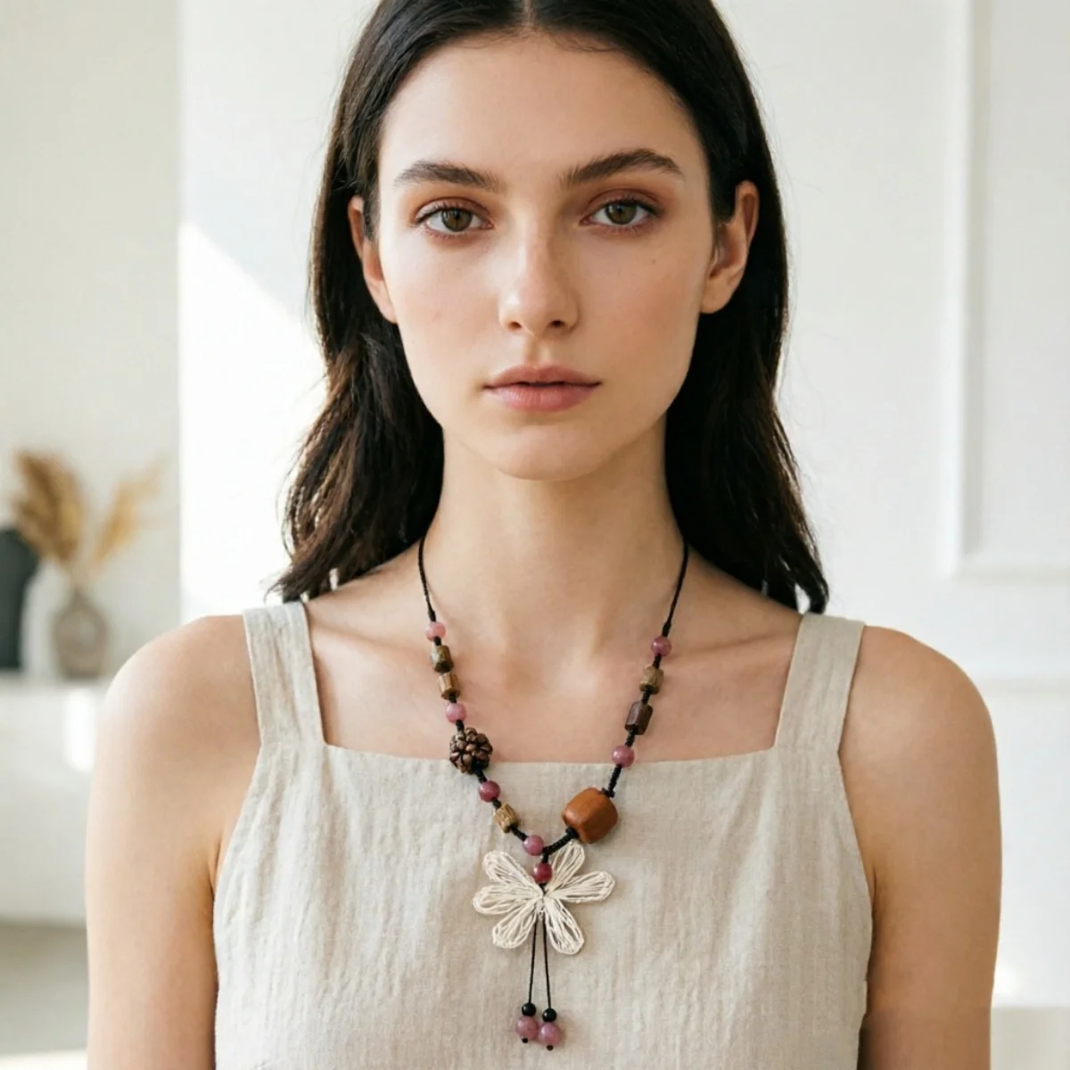 Ethnische handgewebte Strohblumen-Anhängerkette für Frauen, rosa Naturstein, Holzperlen, lange Kette, Pulloverkette, Boho-Schmuck – Detail 20