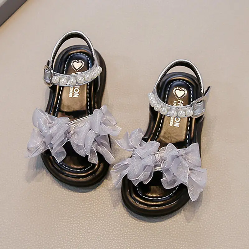 

Fashion Pearl Chain Decoration Velcro Strap Sandals Girl Summer Sweet Yarn Bowknot Flat Heel Sandals Comfort Beach Shoes Child