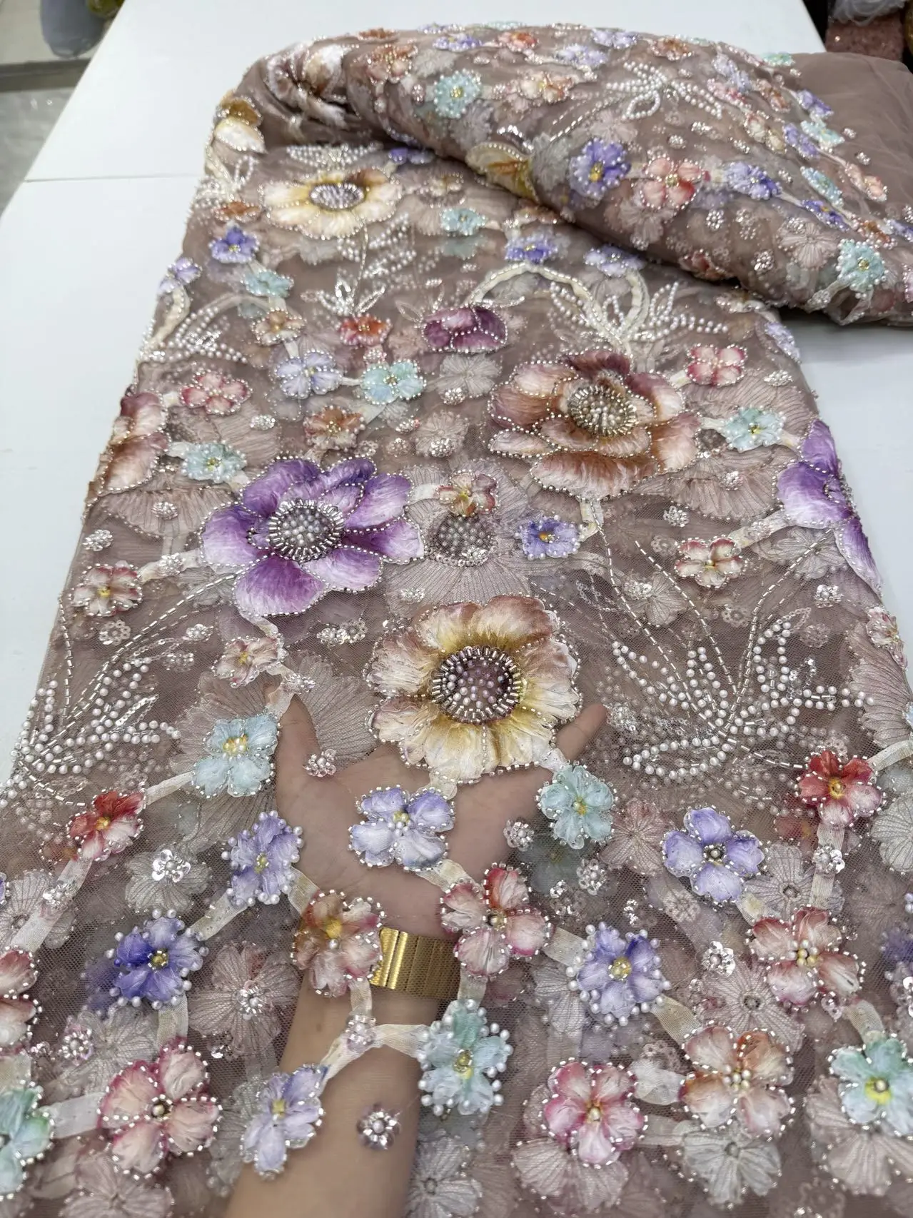 

Высококачественная африканская нигерийская тюлевая кружевная ткань с пайетками и вышивкой, бисером и стразами для пошива выпускных платьев, гипюр, 5 ярдов, JY519