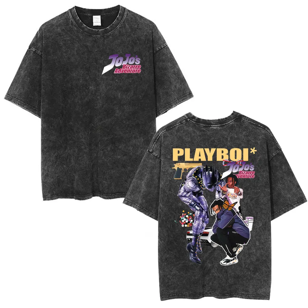 Anime Jojo Bizarre Adventure Vintage Acid Washed T Shirt STEEL BALL RUN Gyro Zeppeli Diego Brando Johnny Joestar Manga T-shirt