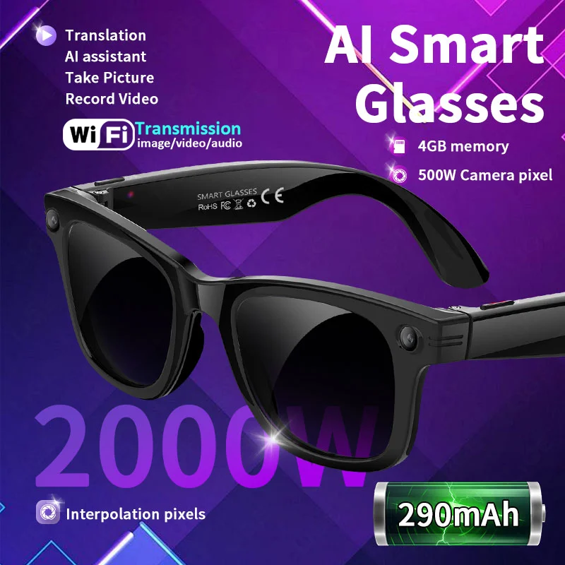 

LIGE 500W HD Color Changing AI Smart Glasses Chat Camera Bluetooth Call 290mAh Voice Assistant Control Intelligent Sunglasses