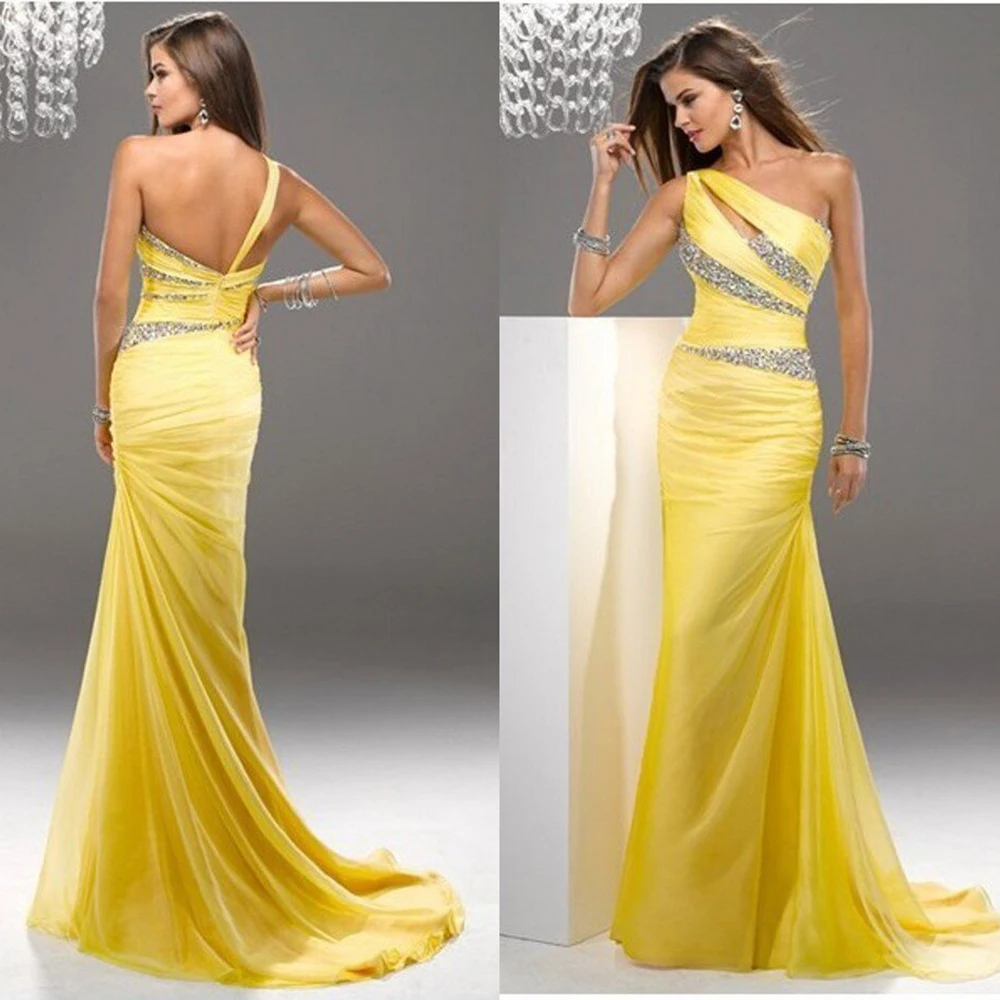 

Индивидуальные сексуальные желтые кристаллы на одно плечо Русалка Пром платья Свадебная вечеринка Изысканные коктейльные вечерние платья