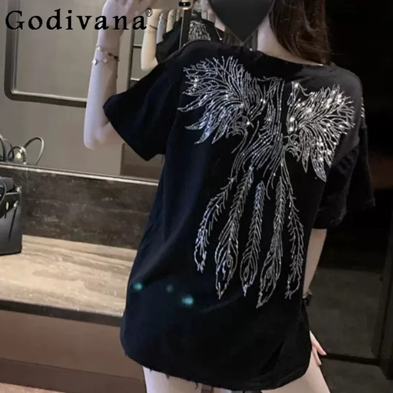 

Large Size Female Heavy Industry Hot Diamond Short Sleeve Crew Neck Black T-shirt Summer Loose Medium Long Korean Printed Top