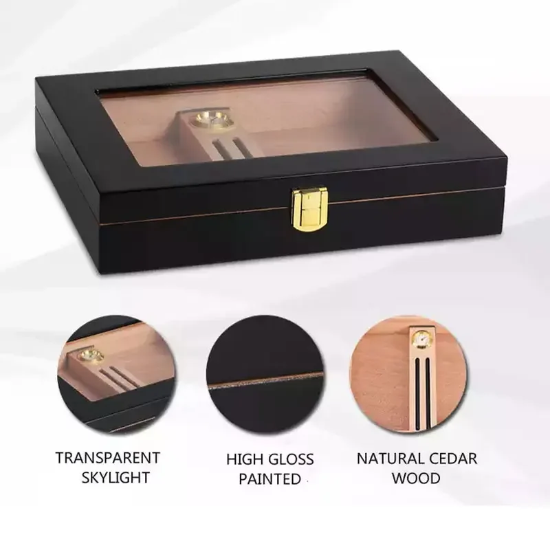 Cigar Humidor Box  Mini Portable Glass Top Handcrafted Cedar Wooden Cigar Cigarette Case with Hygrometer and Humidifier view 5