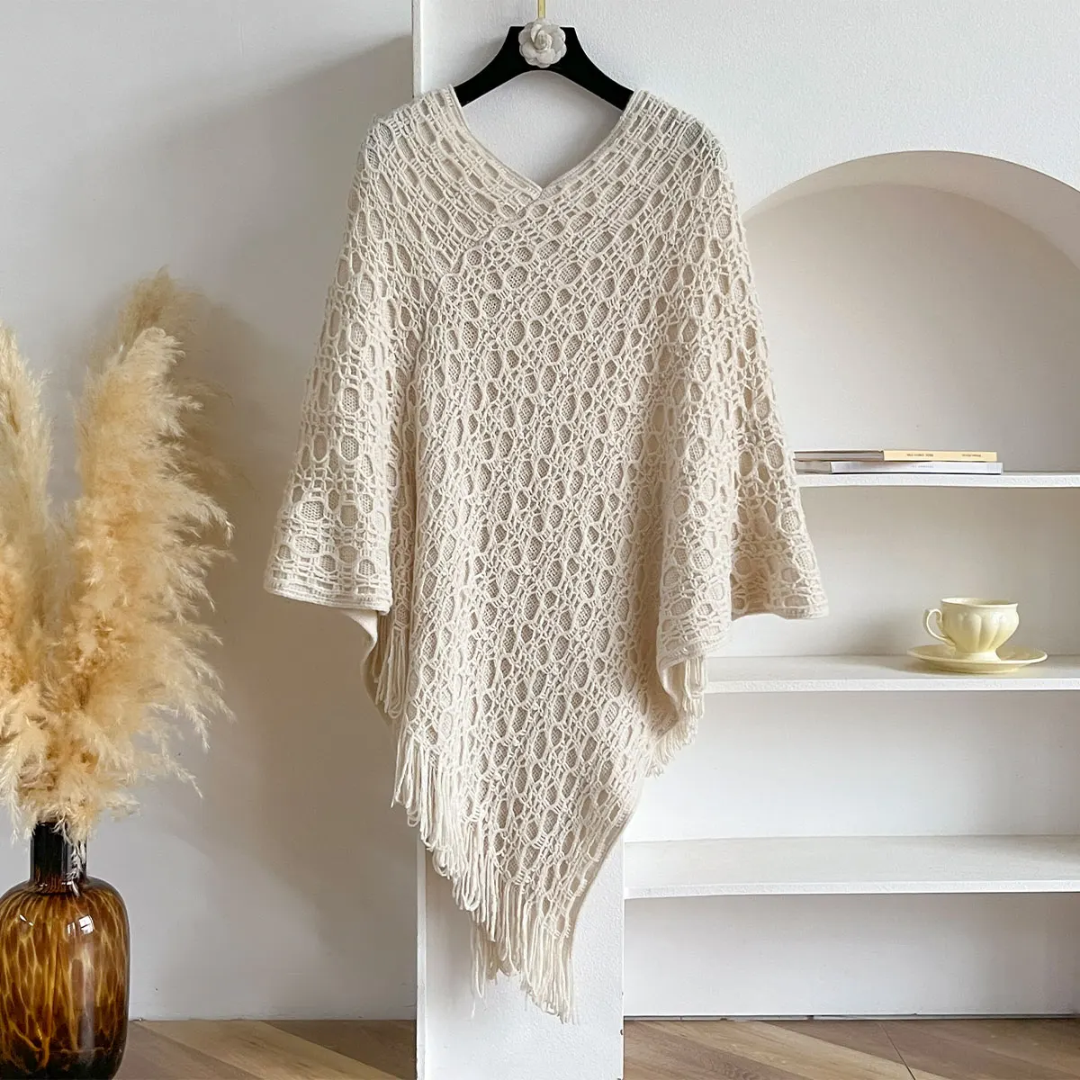 

New Autumn Fashion Women's Fringed Knitted Shawl Women Hollow out Solid Color Capes Knitted Pullover Parcel Top Sweater Designer