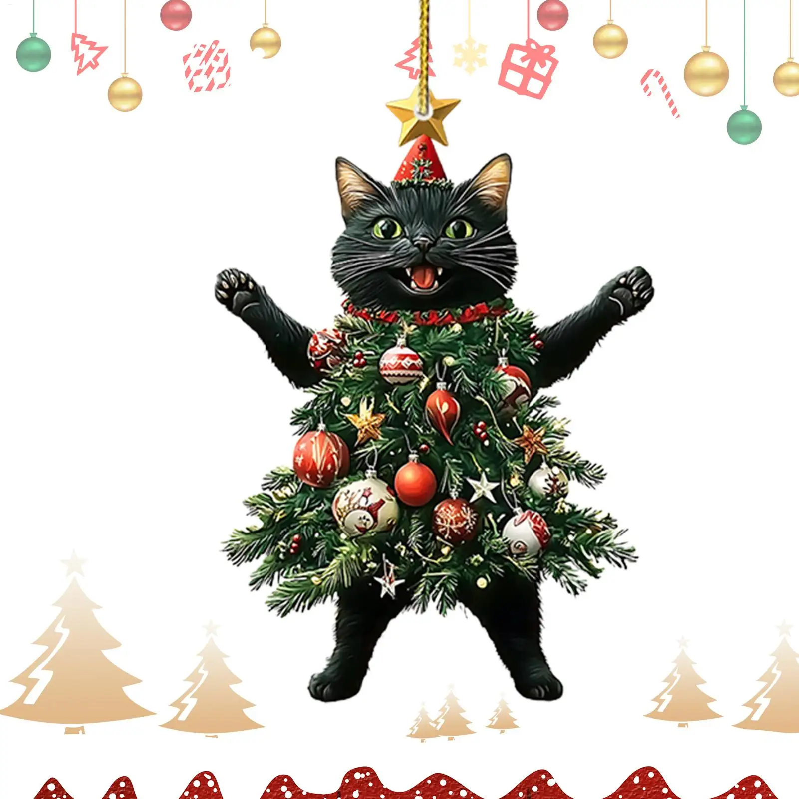Xmas Tree Kitten Pendants 2D Acrylic DIY Christmas Tree Hanging Ornament Navidad New Year Party Home Festival Decoration
