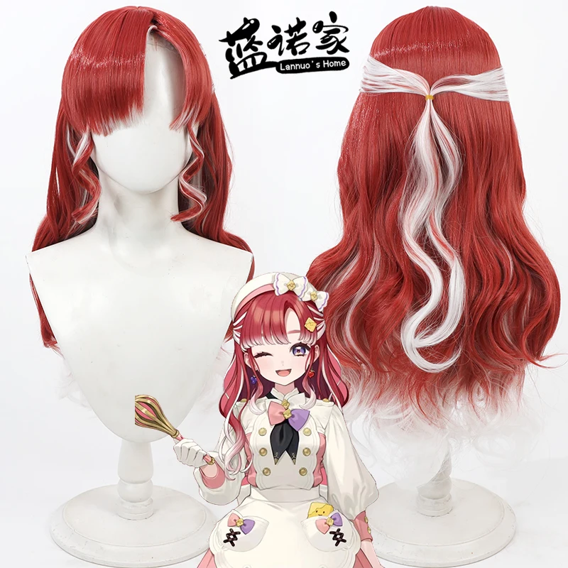 Vtuber Saotome Berry Cosplay Wig Red White Mixed Wavy Heat Resistant Synthetic Hair Halloween Party Role Play + Free Wig Cap