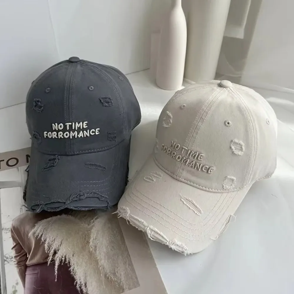 Casual Adjustable Ripped Baseball Cap Korean Alphabet Embroidery Holes Peaked Cap Vintage Washed Cotton Snapback Cap Streetwear