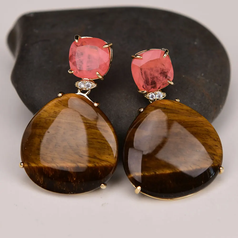 APDGG Natural Yellow Tiger Eye Red Quartz Stud Earrings