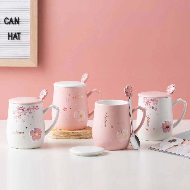 New 400ml Relief Cherry Blossom Ceramic Mug with Lid Spoon Heat-resistant Mugs Milk Coffee Cup Couple Tea Juice Cups Drinkware