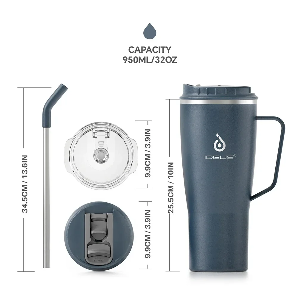 Ideus 947ml insulated cup with handle and straw, made of vacuum-insulated stainless steel, travel cup with leak-proof double