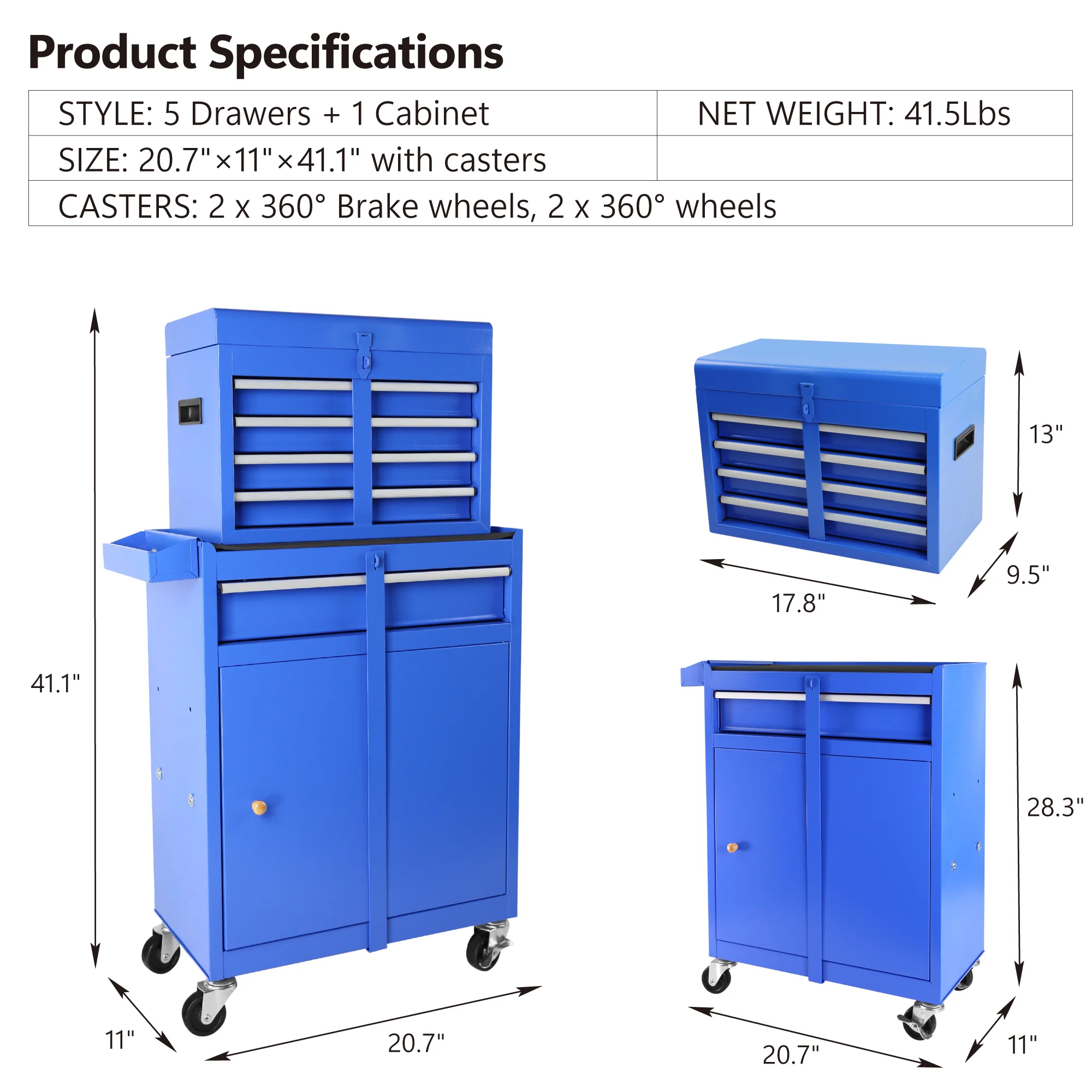 5-Drawer Rolling Tool Chest, High Capacity Tool Storage Cabinet W/Lockable Wheels, Adjustable Shelf & Anti-Slip Liner, Detachabl