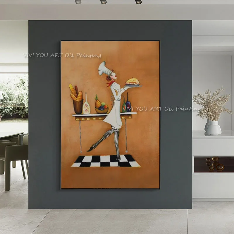 New Design Handpainted Female Chef Oil Paintings on Canvas Art Pictures Lovely Cook Wall Stickers for Home Decor As Unique Gift