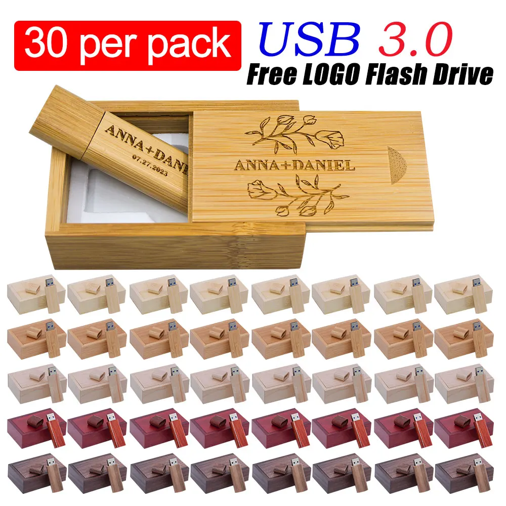 30PCS/LOT USB 3.0 Wooden USB+Box Pen drive 4GB 16GB 32GB 64GB 1PCS Free custom logo USB Flash Drive Pendrive Memory stick