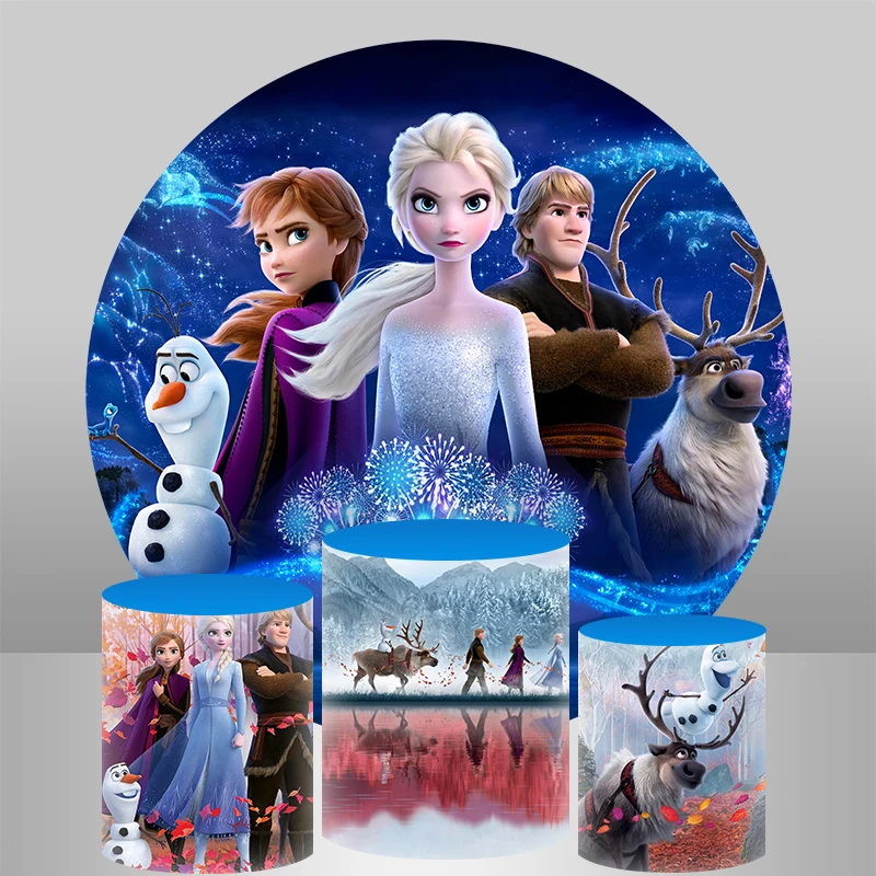 Frozen Princess Circle Round Backdrop Cover Anna and Elsa Background Table Banner Plinth Cover for Kids Birthday Party Decor