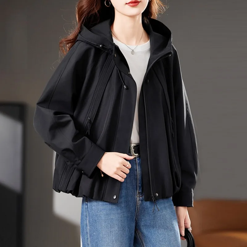 

New Women's Short Trench Coat Spring Autumn Hooded Parker Outerwear Casual Women's Fashion High-end Windproof Coat Zipper