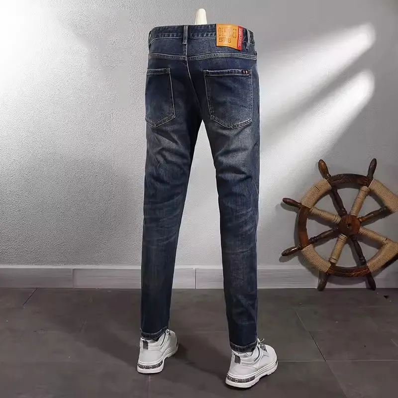 Fashion Designer Men Jeans High Quality Retro Washed Blue Elastic Slim Fit Vintage Jeans Men Smart Trousers Casual Denim Pants