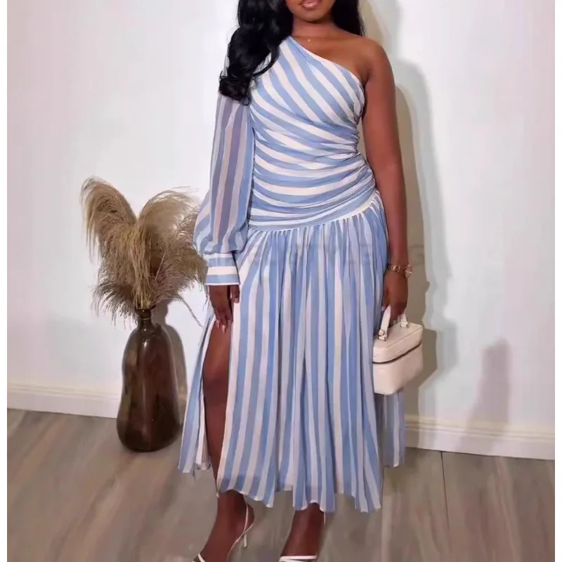 

2026 Spring and Summer New Women's Fashion Striped One-shoulder Split-ended Long Dress