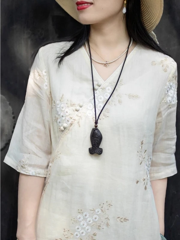 Ele V-Ne bordado A-Line Dr cinco cuartos Sve modificado chino Sle Midi Dr Verano 2025