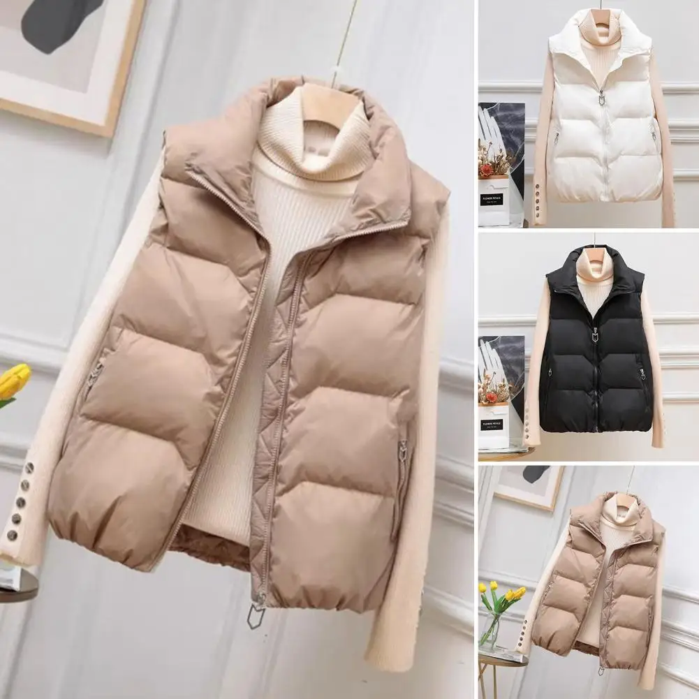 Full Zipper Coat Stylish Women's Winter Waistcoat with Zipper Pockets Turn-down Collar Outdoor Sports Coat for Leisure