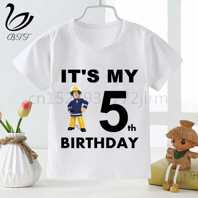 Birthday Tee Fireman Sam New Kids Girls Boys Casual Tshirt Printed Children Clothes Tops Kids Baby Short Sleeve White T-shirt