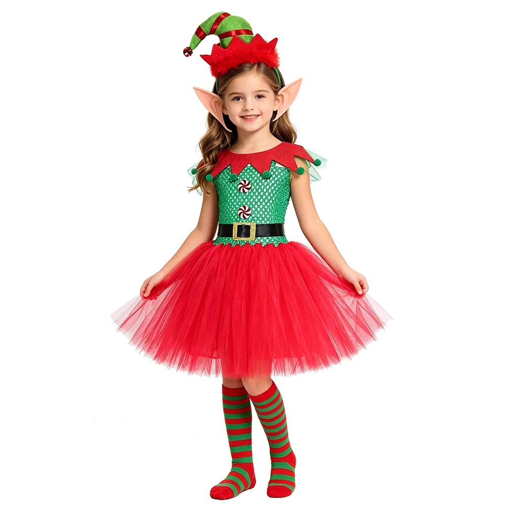 Vestidos de princesa de elfos navideños para niñas, disfraces navideños rojos y verdes, tutús de ballet de Año Nuevo para niños, trajes de carnaval para niños