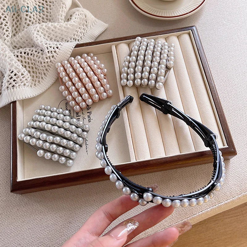 Elegant Pearl Convenient Foldable Plastic Hairband For Women Girls Travel Stretchable Headband Hair Band Hair Accessories