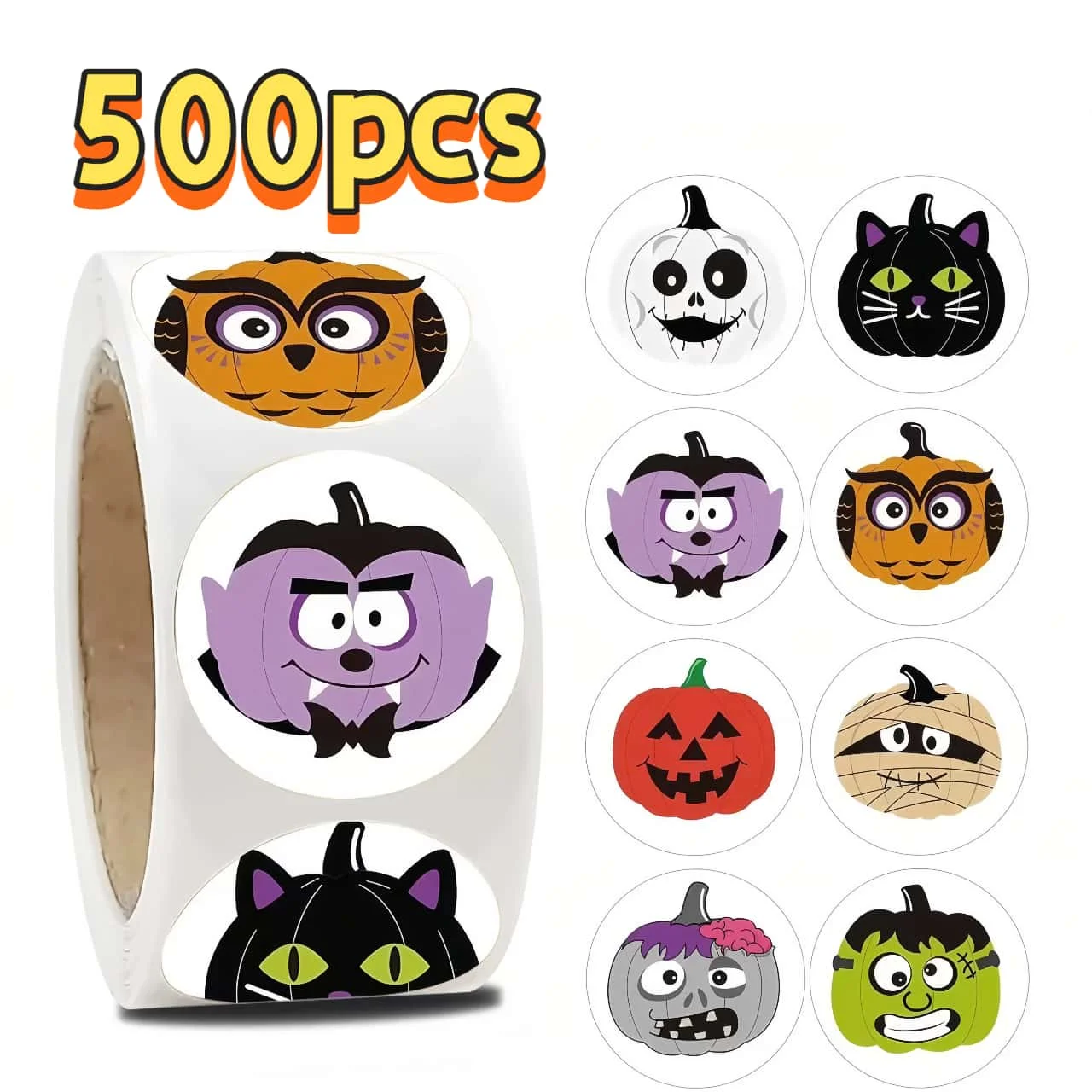 

500PCS Trendy Halloween Stickers, Kawaii Cartoon Pumpkin Cat Monster Decals, Self-Adhesive Funny Party Decor Gift Labels
