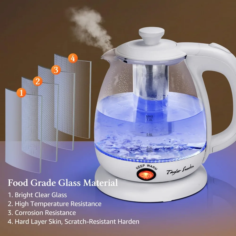 غلاية كهربائية سعة 1 لتر مع مصفاة شاي، وظيفة الدفء، ضوء LED، إيقاف تلقائي وحماية من الغليان الجاف، خالية من مادة BPA باللون الأبيض