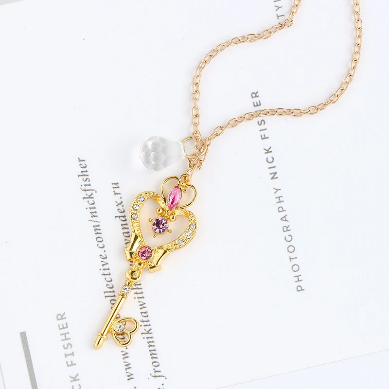 Fashion Sailor Moon Heart Shaped Key Crystal Necklace Cartoon Anime Pendant Necklace for Women Jewelry Accessories Toy Gift