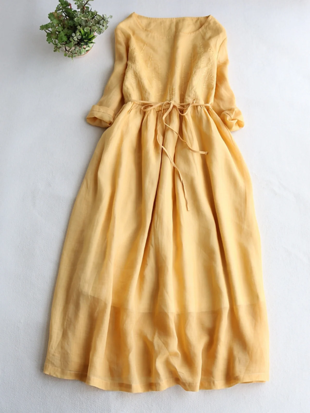 Artistic Pure Color Flax Embroidered Double Layered Long Dr plus Size Women's Summer round Ne Belted Waist Cinched Dr