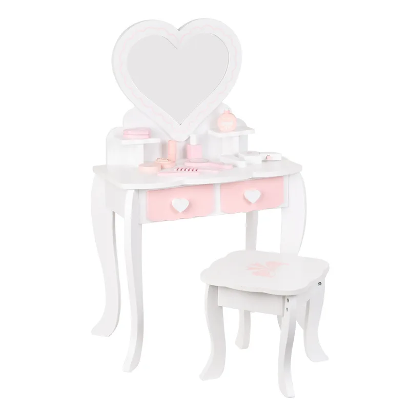New Wooden Pink And White Love Dresser Female Baby Play House Hairdressing Makeup Table Children's Jewelry Box Toy Birthday Gift