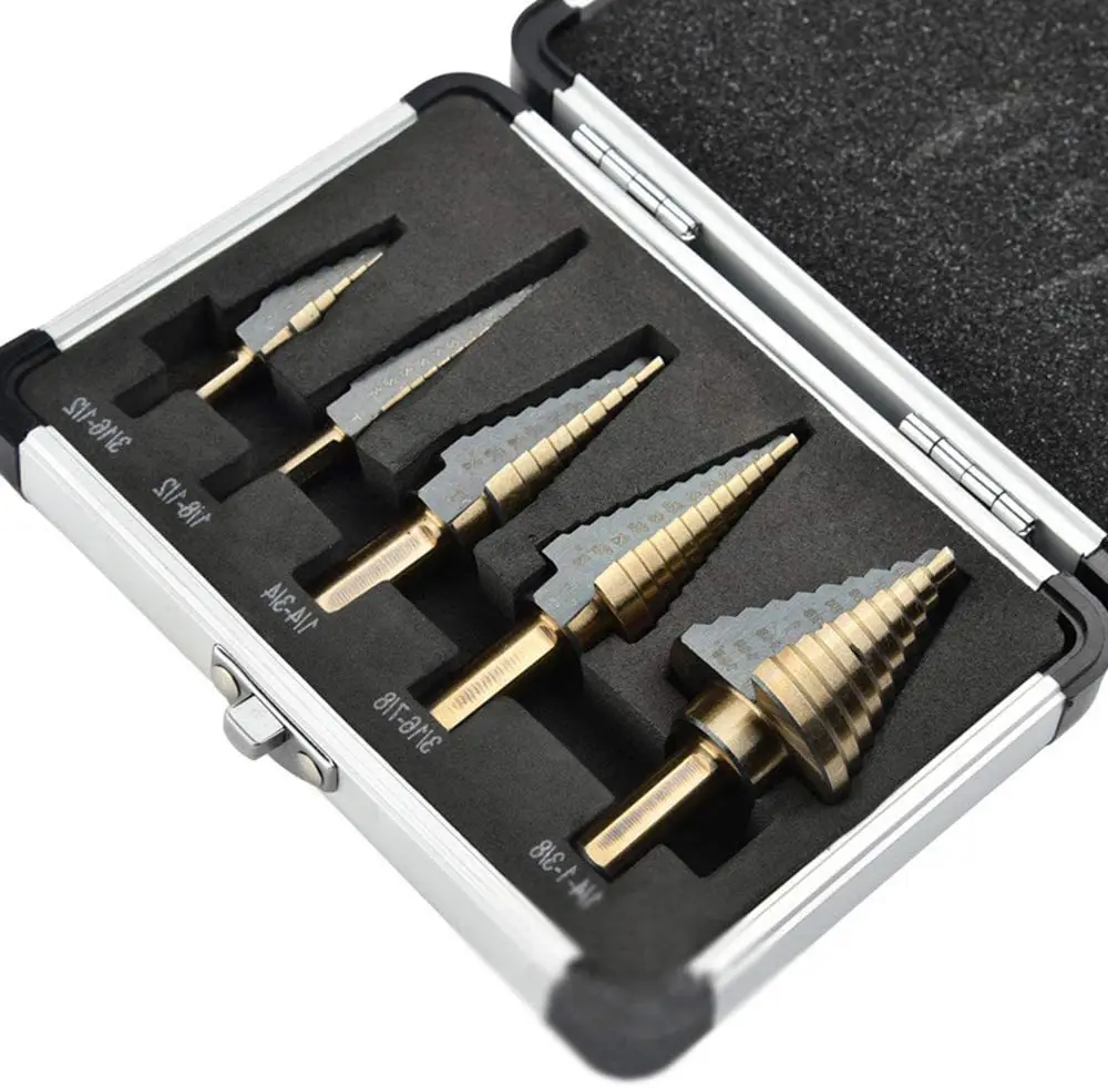 Stufenbohrer-Öffnungswerkzeug 5-teiliges Aluminium-Box-Set Hochgeschwindigkeits-Bohrer ​ ​ Stahl-Metall-Pagoden-Bohrer für Zentrierbohrungen – Detail 7