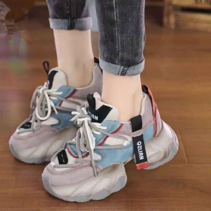 Thick soled sponge cake dad shoes 2026 autumn new Korean version color blocked casual sports shoes for women