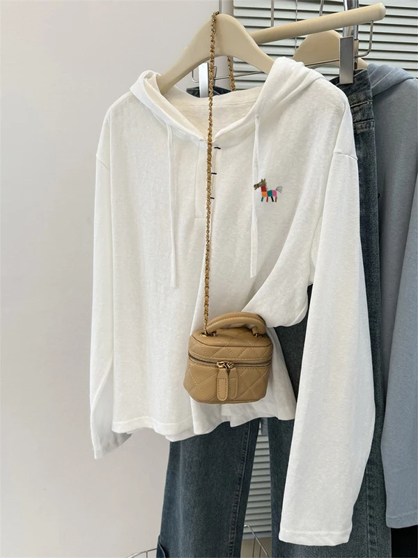 

Белая толстовка с длинным рукавом Sli Long Sve, женская, весенне-осенняя, повседневная, модная, базовый слой, топ с высокой талией, из полиэфирного волокна