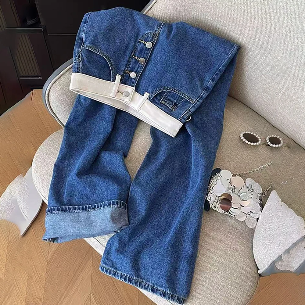 

Женские синие джинсовые брюки большого размера, модные лоскутные джинсы с высокой талией, узкие прямые джинсы, новинка 2025 года, джинсы длиной до пола с пуговицами