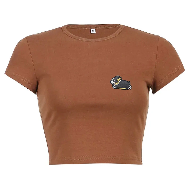 Camiseta bordada de cachorro Y2k para mujer, camisetas ajustadas con gráficos, moda coreana, Harajuku Street, camisetas cortas hermosas de manga corta en verano