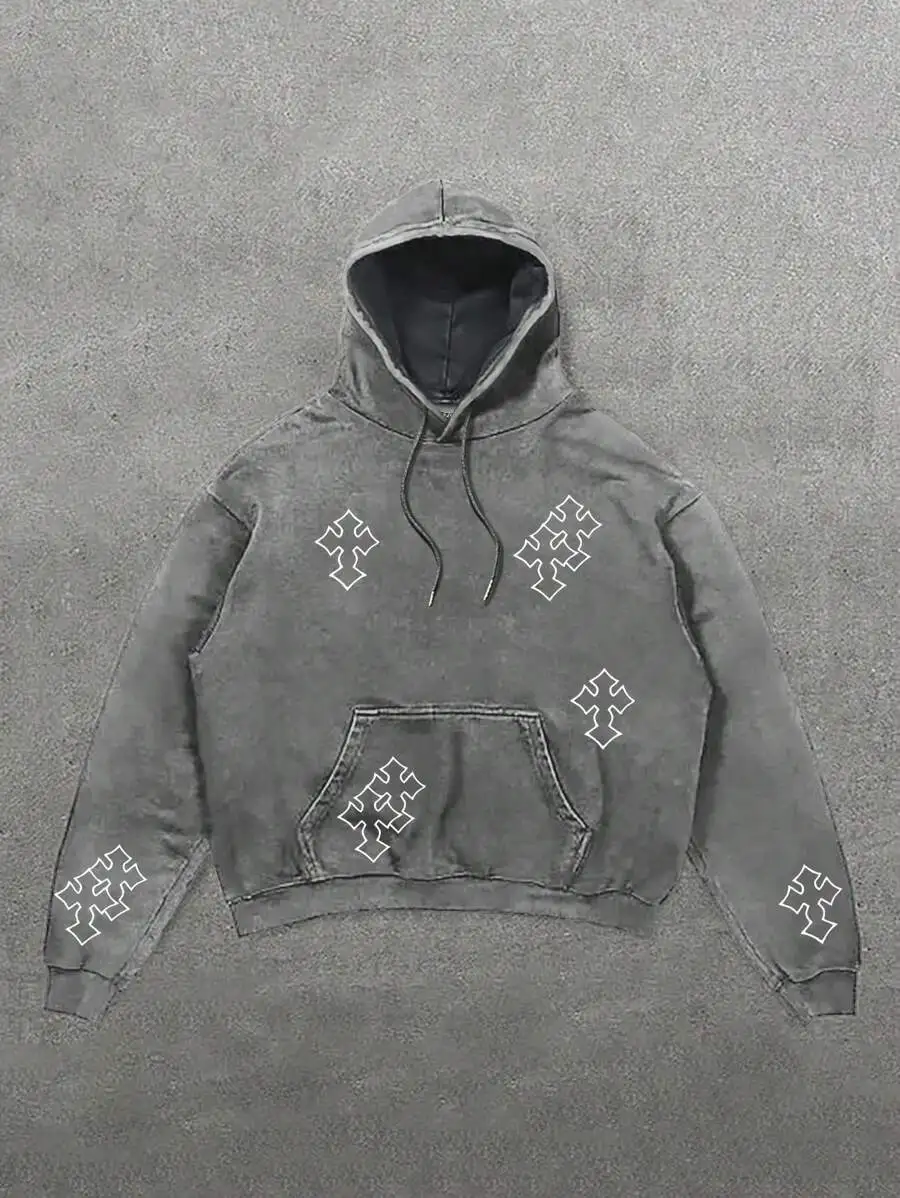 

Серый худи с эффектом потертости и геометрическим принтом, свободный крой, с карманом-кенгуру