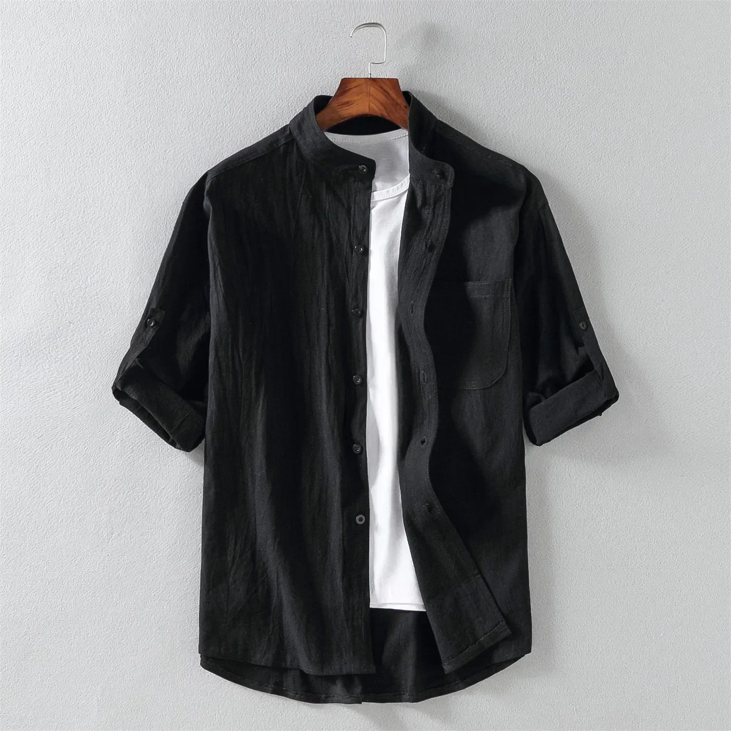 New  Men's Spring Chinese Style Stand Collar Shirt Slim Cotton Linen Solid Casual Shirts Coats Man Three Quarter Sleeve Tops