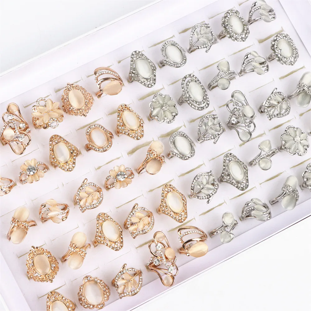 10/20/30Pcs/Lot Fashion Opal Stone Natural Zircon Rings Silver and Gold Color Mix Style For Women Anniversary Party Jewelry Gift