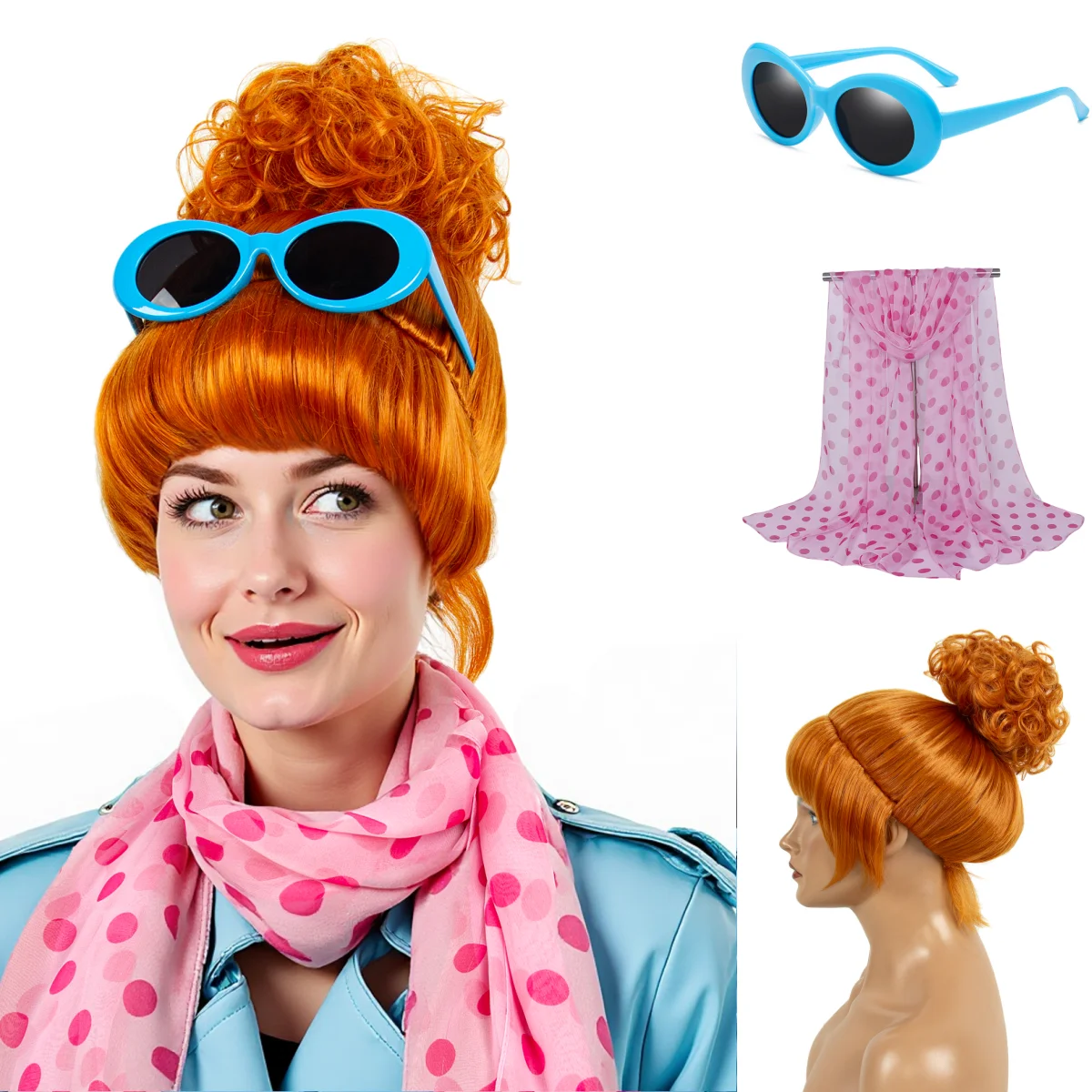 

REEWES Lucy Costume Wig Short Orange Curl Bun Wig With Ban synthetic Hair Des me For Women Daily Cosplay Party Halloween Costume