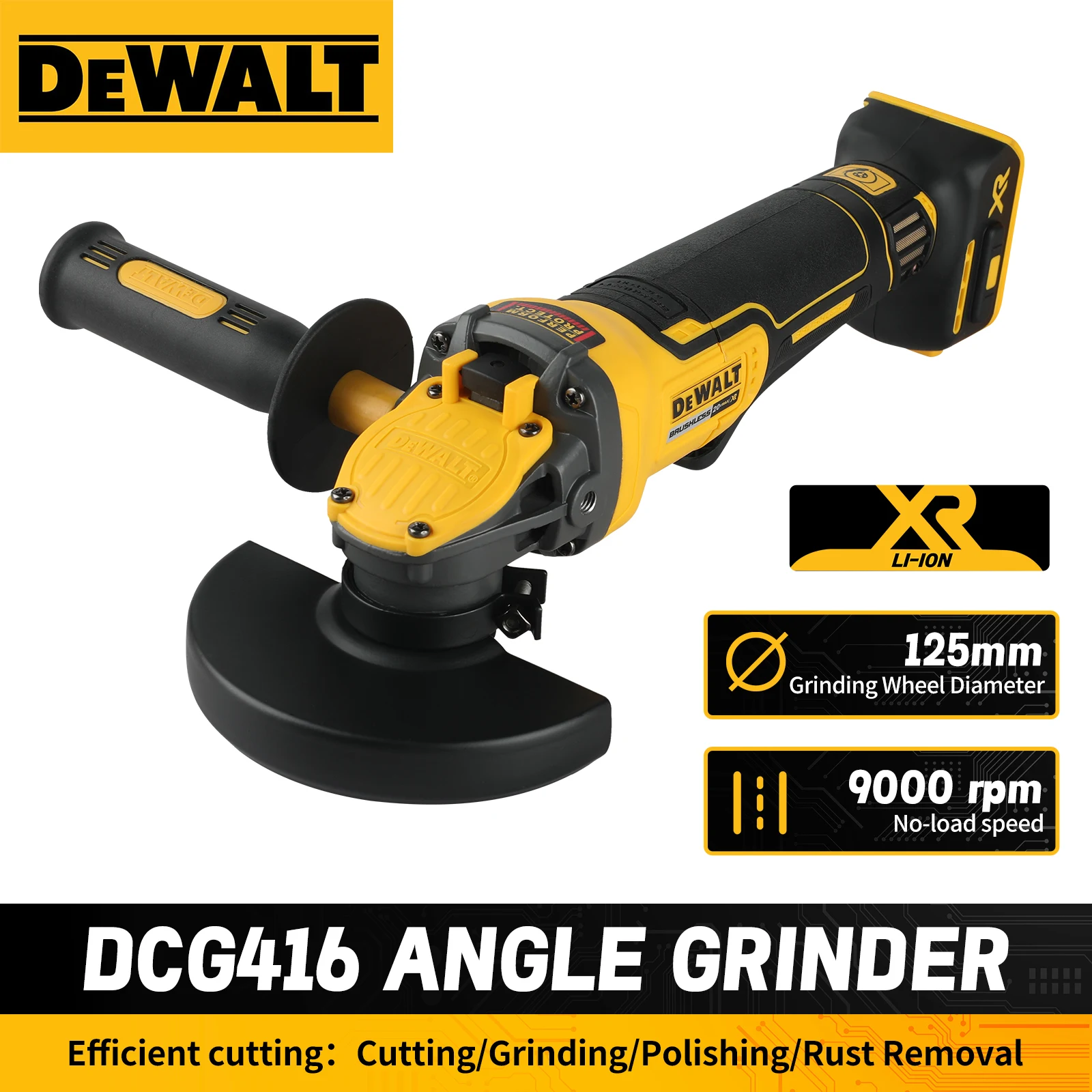 DeWALT DCG416 Cordless Angle Grinder 20V Battery, 125mm Wheel 9000RPM, Brushless Power Tool for Metal Cutting Grinding