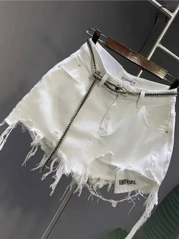 2025 New Korean White Raw Irregular Denim Skirt Women's Anti-Walk Naked Hole Pocket Exposed Short Skirt Fashion Skirts 9U5U