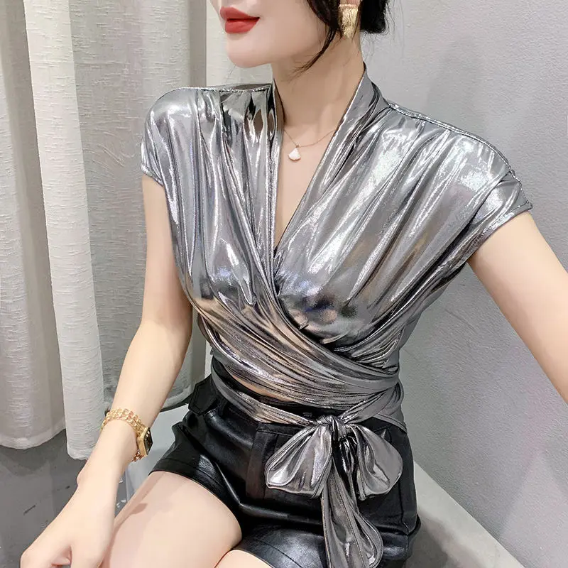 Shiny Short Sleeve Wrap Blouse Shirts Women Summer Bandage Silver Glitter Top Female V Neck Party Club Fashion Woman Blouse 2023