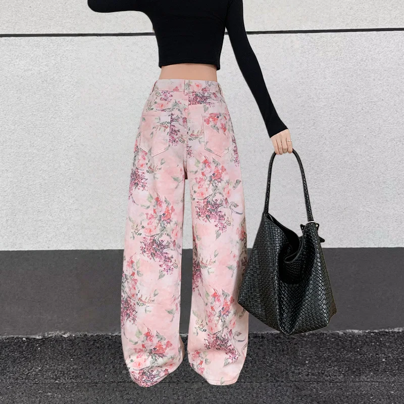 2025, Trend Y2K-Stil, Blumen, bedruckt, rosa Baggy-Damenjeans, Hosen, Damenbekleidung, koreanische lässige Baumwolle, lange Hosen, Ropa Mujer