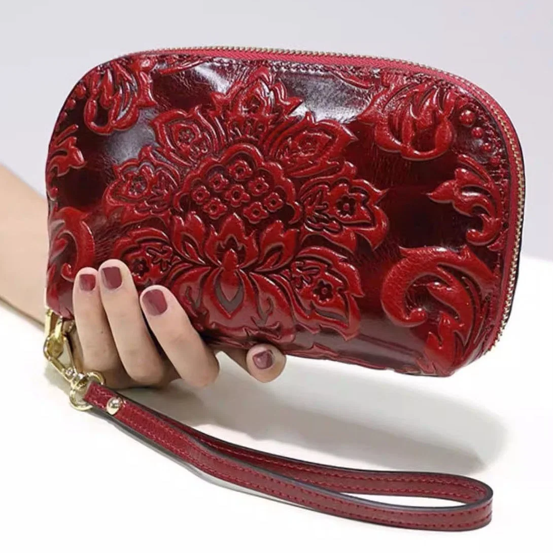 2026 New Ladies Cow leather Clutch Hand Bag Floral Genuine Leather Purse Women Long Real Cowhide Wallet
