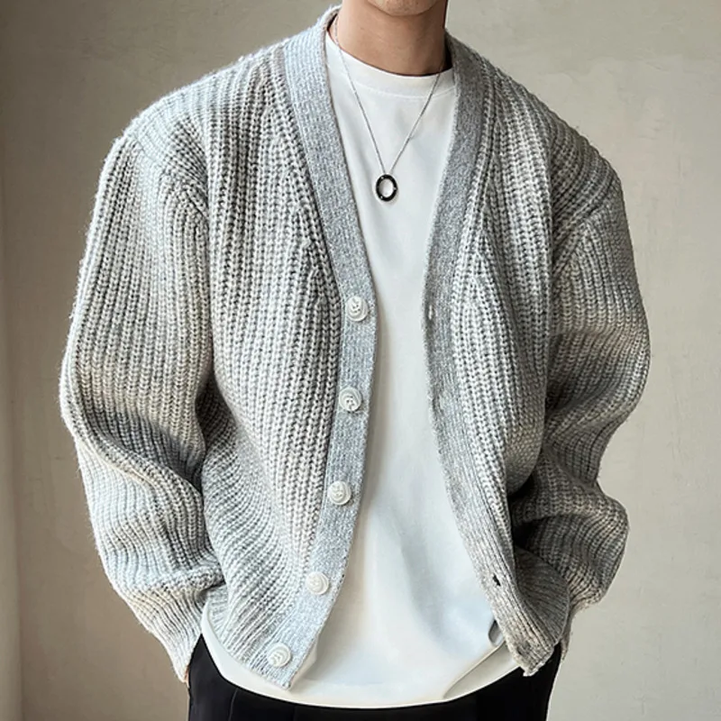 

2 Color V-neck Thick Men Sweater Jacket Luxury British Versatile Cardigan Sweater Black Gray Knitted Designer Cardigan Hombre