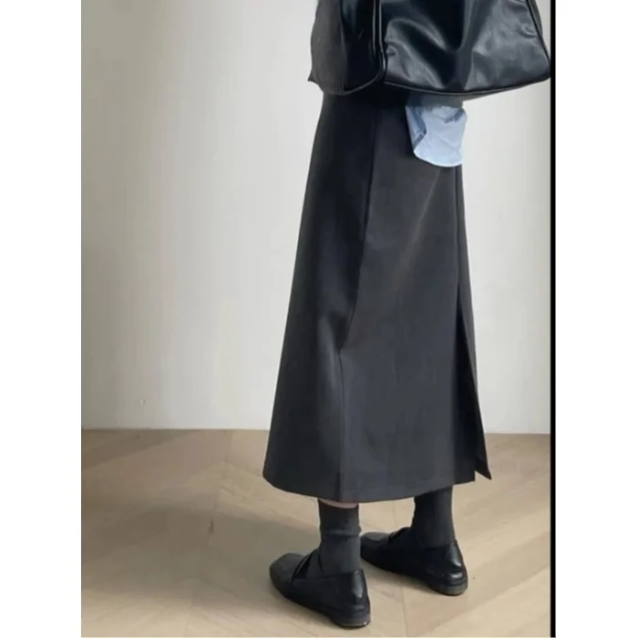 「MD」Spring New ey High Waist A-Line Skirt Suit Ba Split Women's Long Skirts Commute Sle Polyester Fiber Pure Color