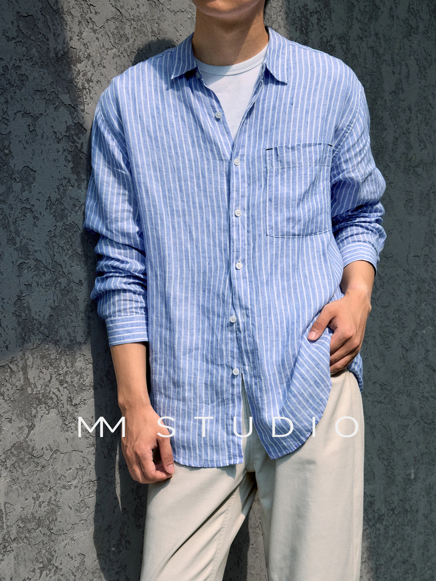 Natural Linen Long Sleeve Shirt Men Casual Commute Loose Fit Stripe Pattern Breathable Comfortable Business Gentleman Style